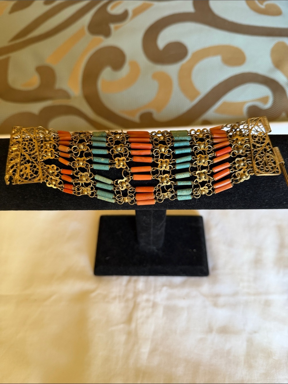 Egytian revival filagree Bracelet w/ Coral and Faience Beads